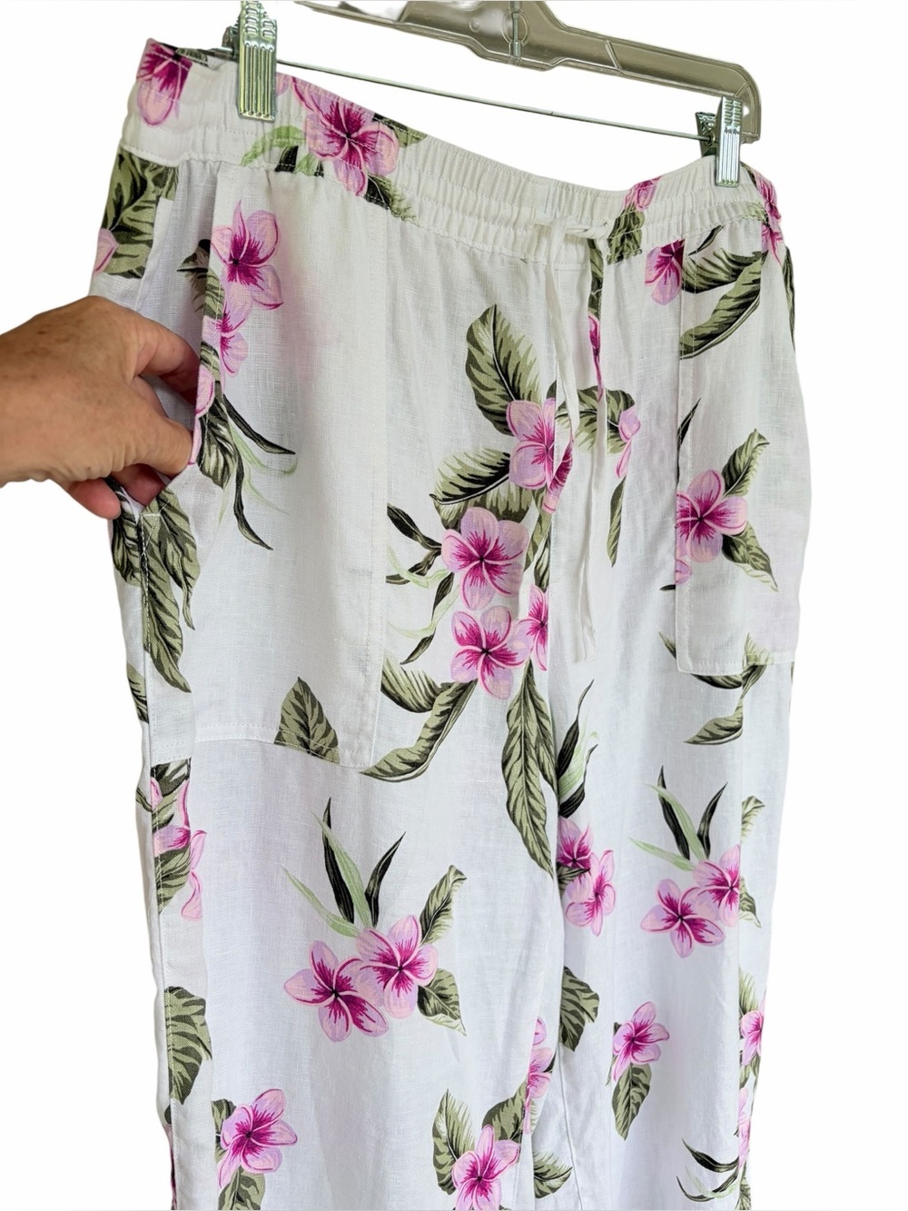 Linen Floral High Rise Drawstring Wide Leg Pant - Picture 3 of 6